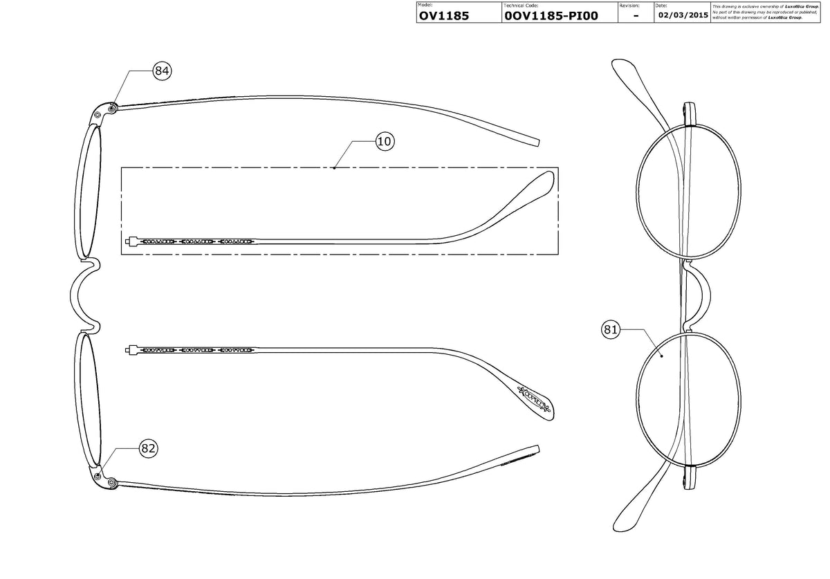 Exploded technical drawing of the Oliver Peoples Calidor OV1185 Glasses Replacement Parts, with each replacement part numbered