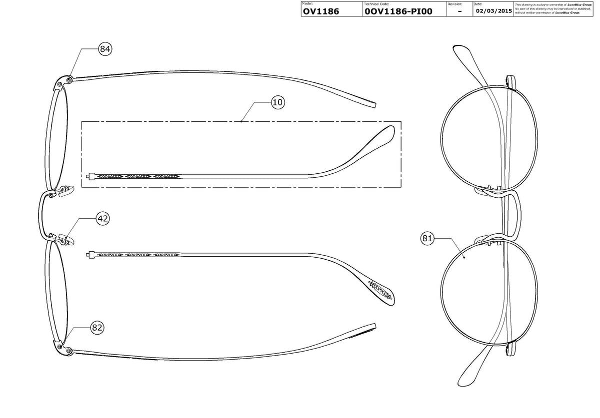 Exploded technical drawing of the Oliver Peoples Coleridge OV1186 Glasses Replacement Parts, with each replacement part numbered