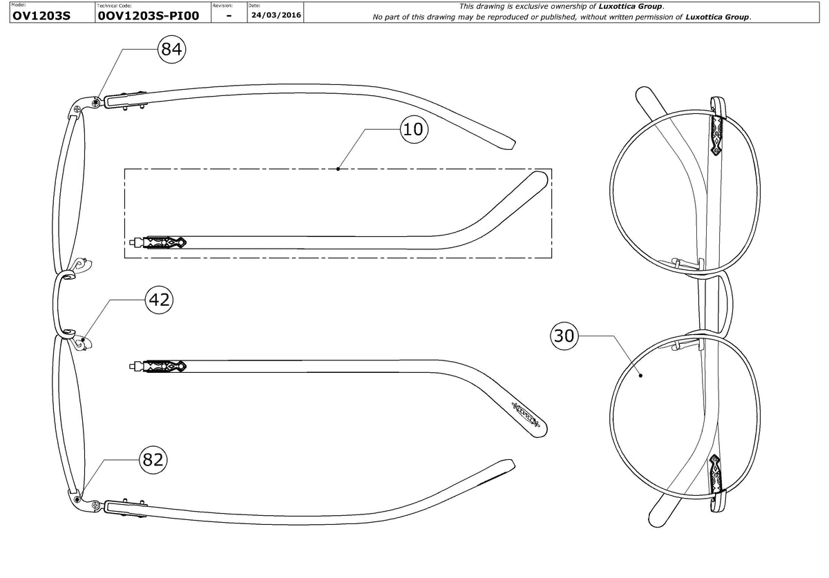 Enlarged technical drawing of the Oliver Peoples Hassett OV1203S Replacement Parts