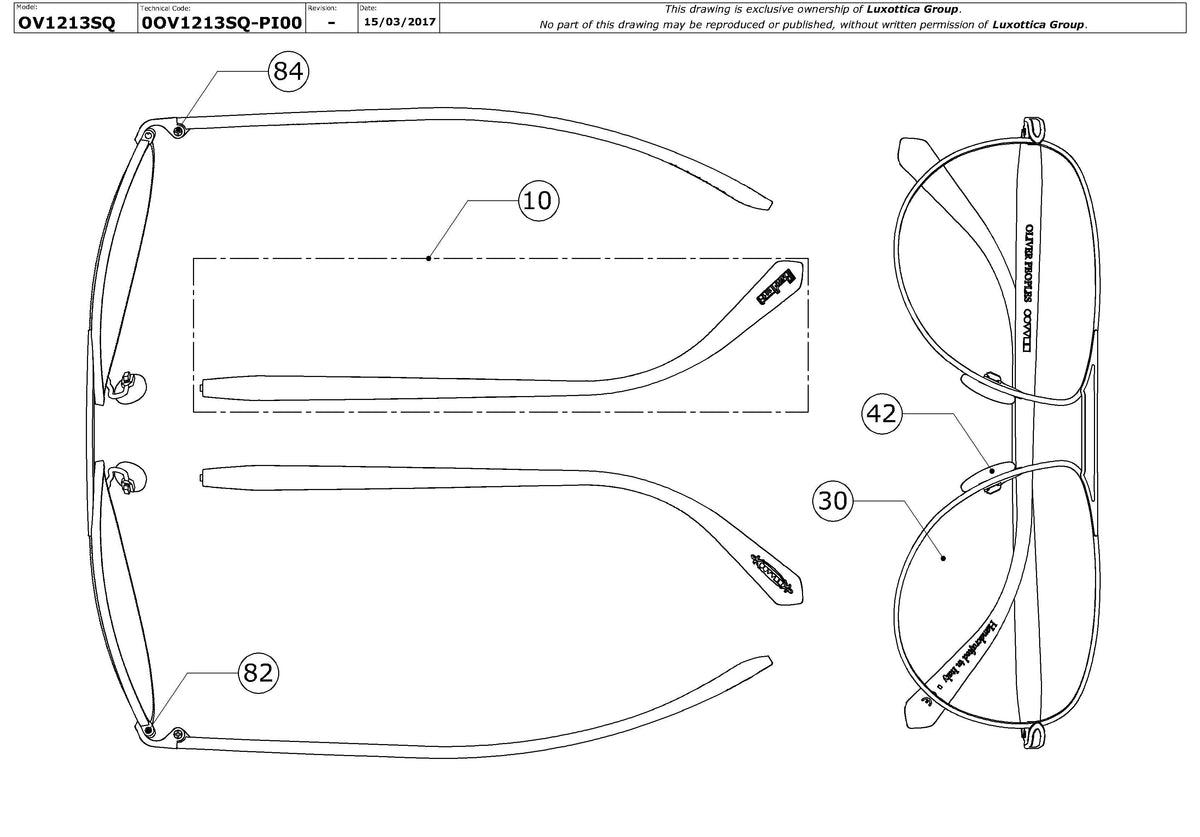 Exploded technical drawing of the Oliver Peoples Conduit Street OV1213SQ Replacement Parts, with each replacement part numbered