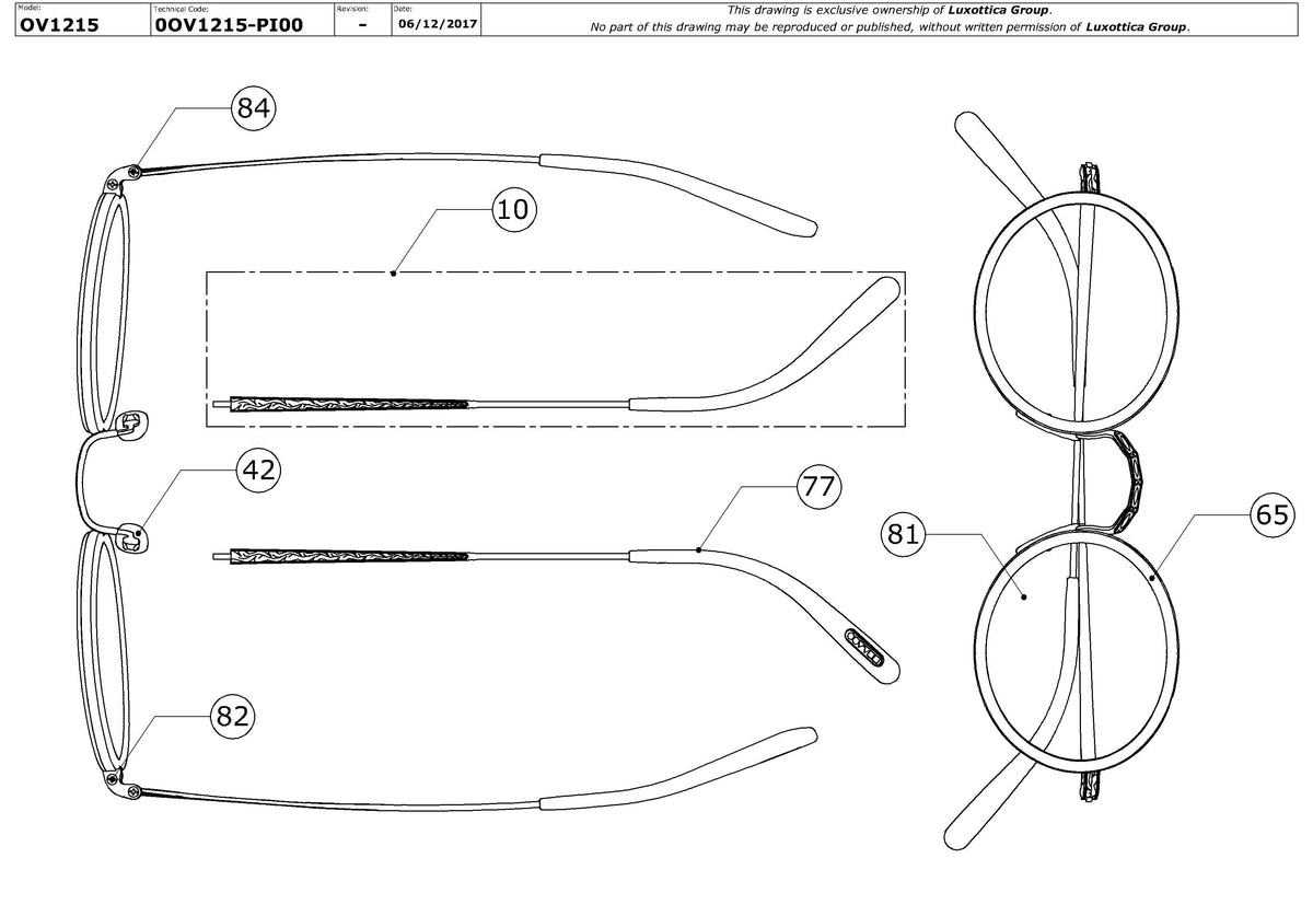 Enlarged technical drawing of the Oliver Peoples MP-8 30th OV1215 Glasses Replacement Parts