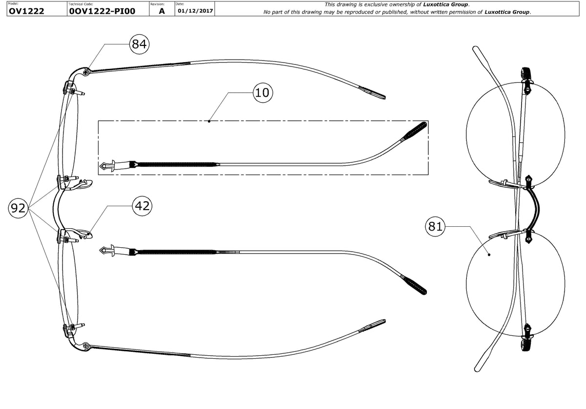 Exploded technical drawing of the Oliver Peoples Keil OV1222 Glasses Replacement Parts, with each replacement part numbered