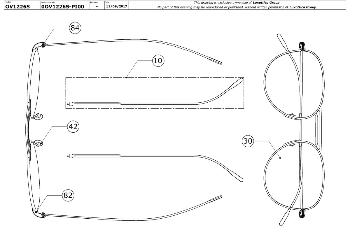 Exploded technical drawing of the Oliver Peoples Cade OV1226S Replacement Parts, with each replacement part numbered