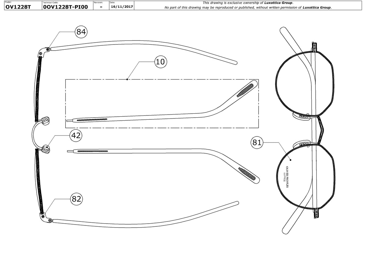 Exploded technical drawing of the Oliver Peoples OP-43 30th OV1228T Glasses Replacement Parts, with each replacement part numbered
