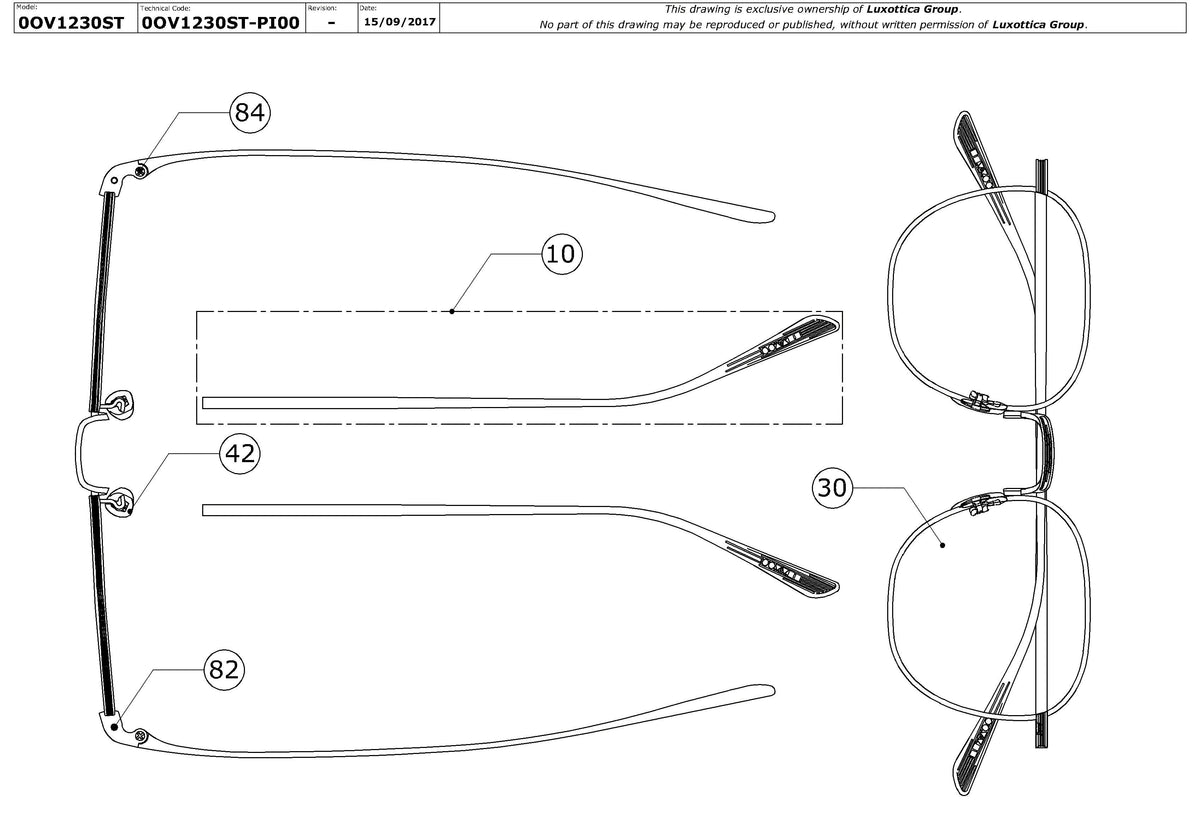 Enlarged technical drawing of the Oliver Peoples Board Meeting 2 OV1230ST Replacement Parts