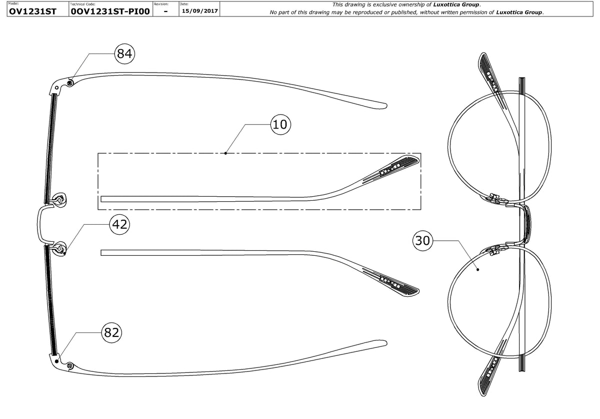 Exploded technical drawing of the Oliver Peoples Brownstone 2 OV1231ST Replacement Parts, with each replacement part numbered