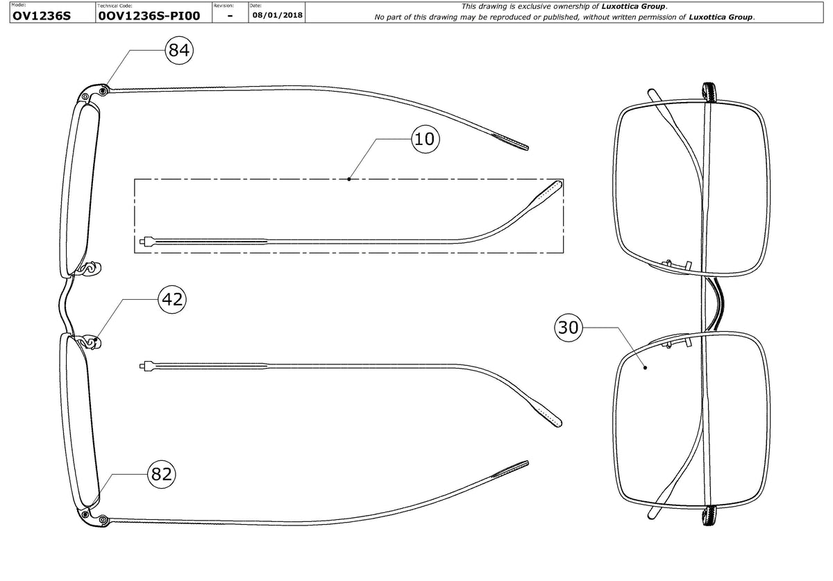 Exploded technical drawing of the Oliver Peoples Rassine OV1236S Replacement Parts, with each replacement part numbered