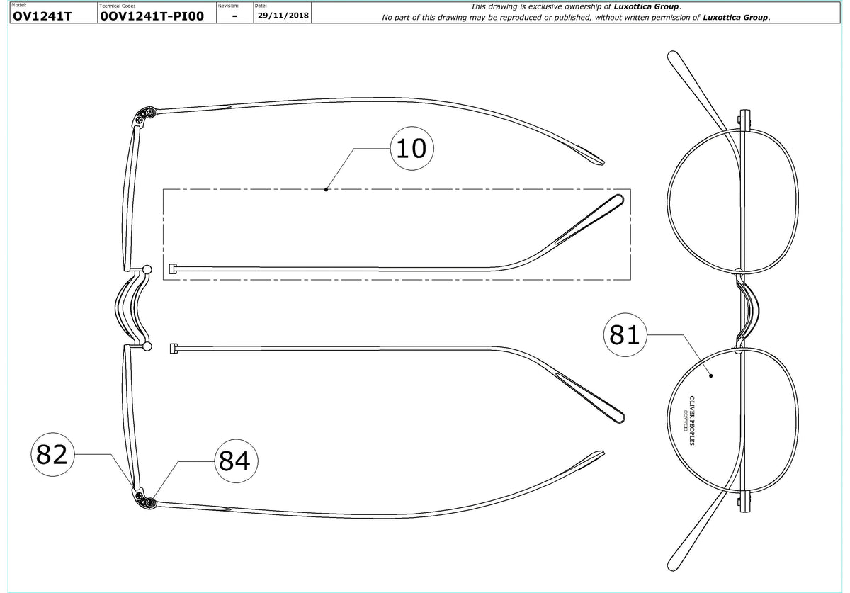 Exploded technical drawing of the Oliver Peoples Whitt OV1241T Glasses Replacement Parts, with each replacement part numbered