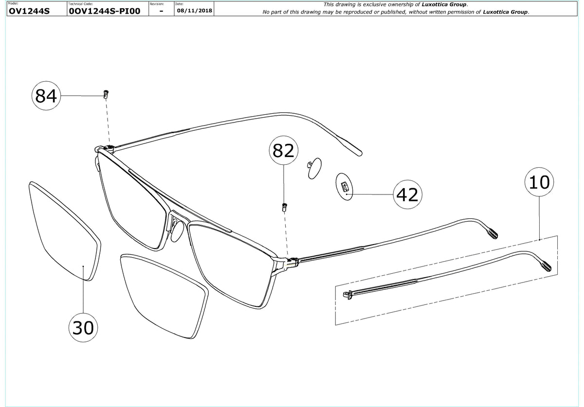 Enlarged technical drawing of the Oliver Peoples Evey OV1244S Replacement Parts