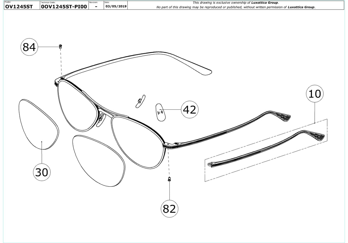 Enlarged technical drawing of the Oliver Peoples Aero LA OV1245ST Replacement Parts