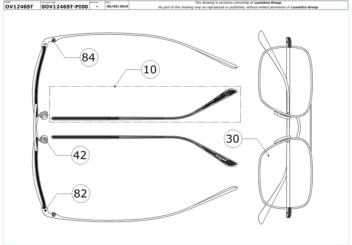 Exploded technical drawing of the Oliver Peoples Victory LA OV1246ST Replacement Parts, with each replacement part numbered