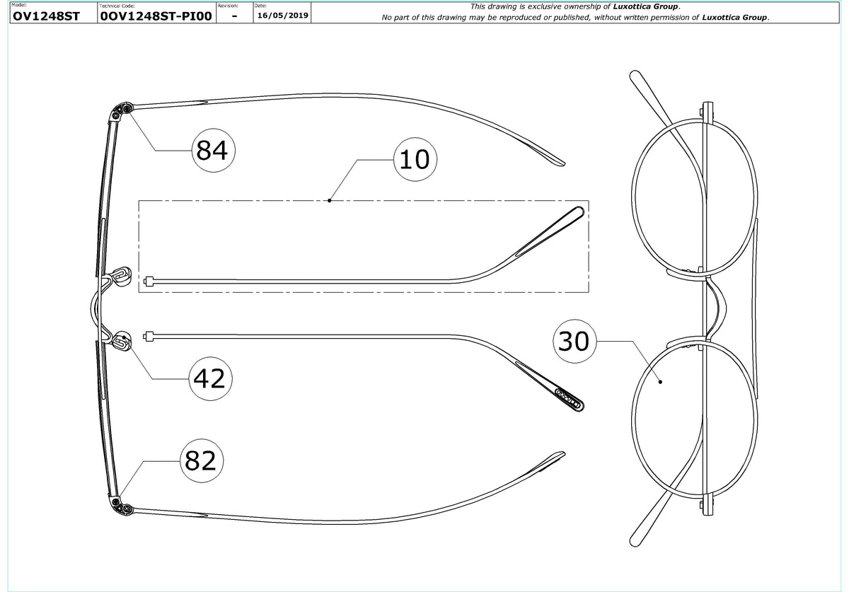 Exploded technical drawing of the Oliver Peoples Shai OV1248ST Replacement Parts, with each replacement part numbered