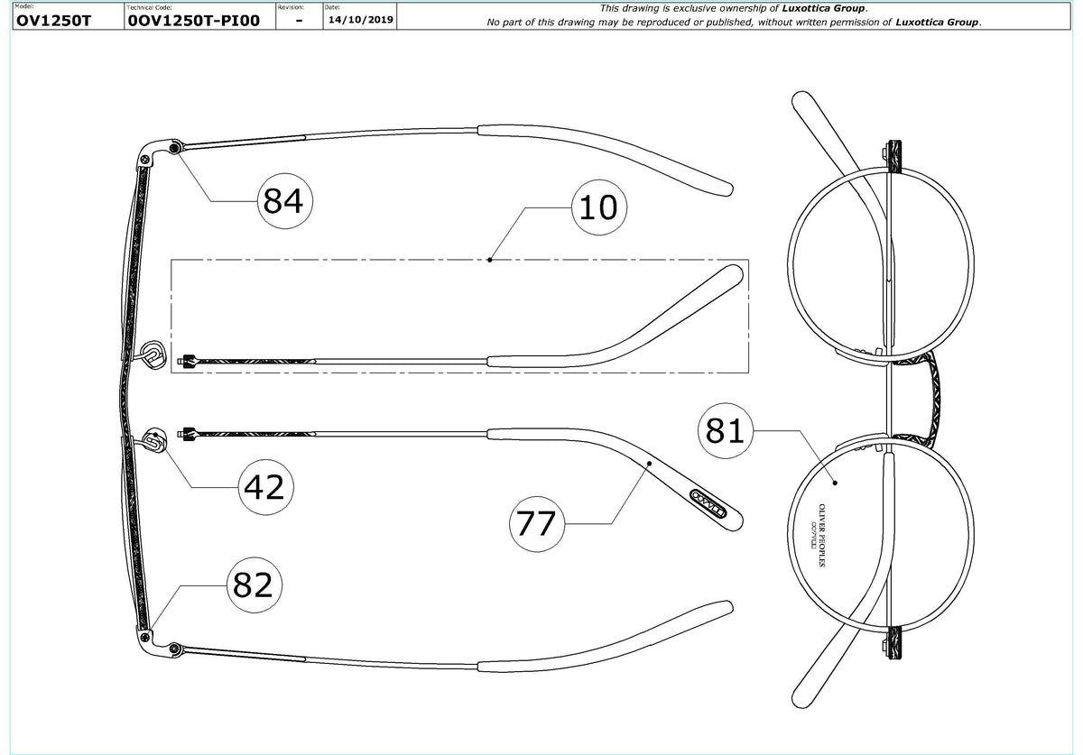 Exploded technical drawing of the Oliver Peoples Ellerby OV1250T Glasses Replacement Parts, with each replacement part numbered