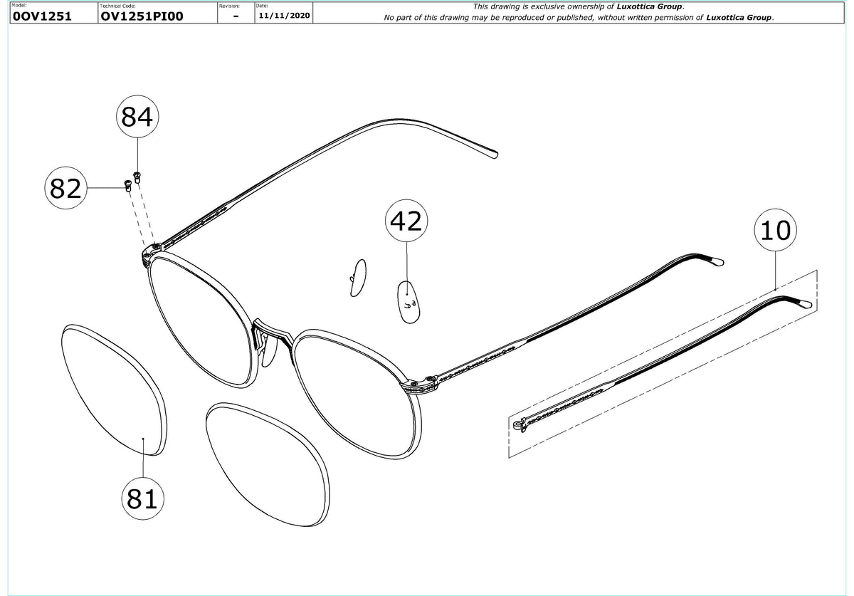Enlarged technical drawing of the Oliver Peoples Jacno OV1251 Glasses Replacement Parts