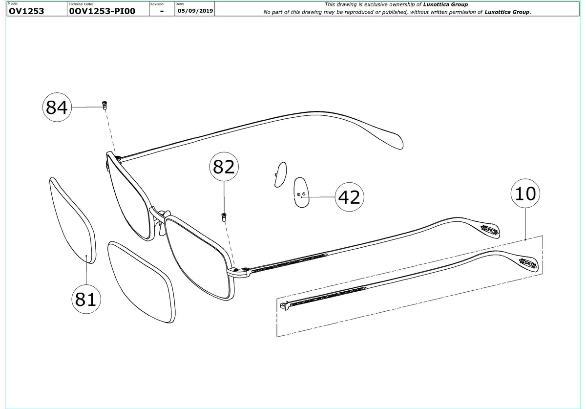 Exploded technical drawing of the Oliver Peoples Aronson OV1253 Glasses Replacement Parts, with each replacement part numbered