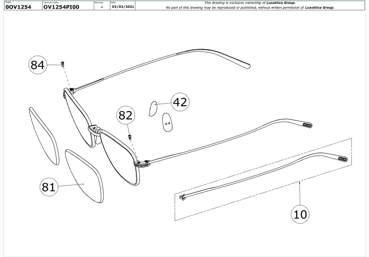 Enlarged technical drawing of the Oliver Peoples Suliane OV1254 Glasses Replacement Parts