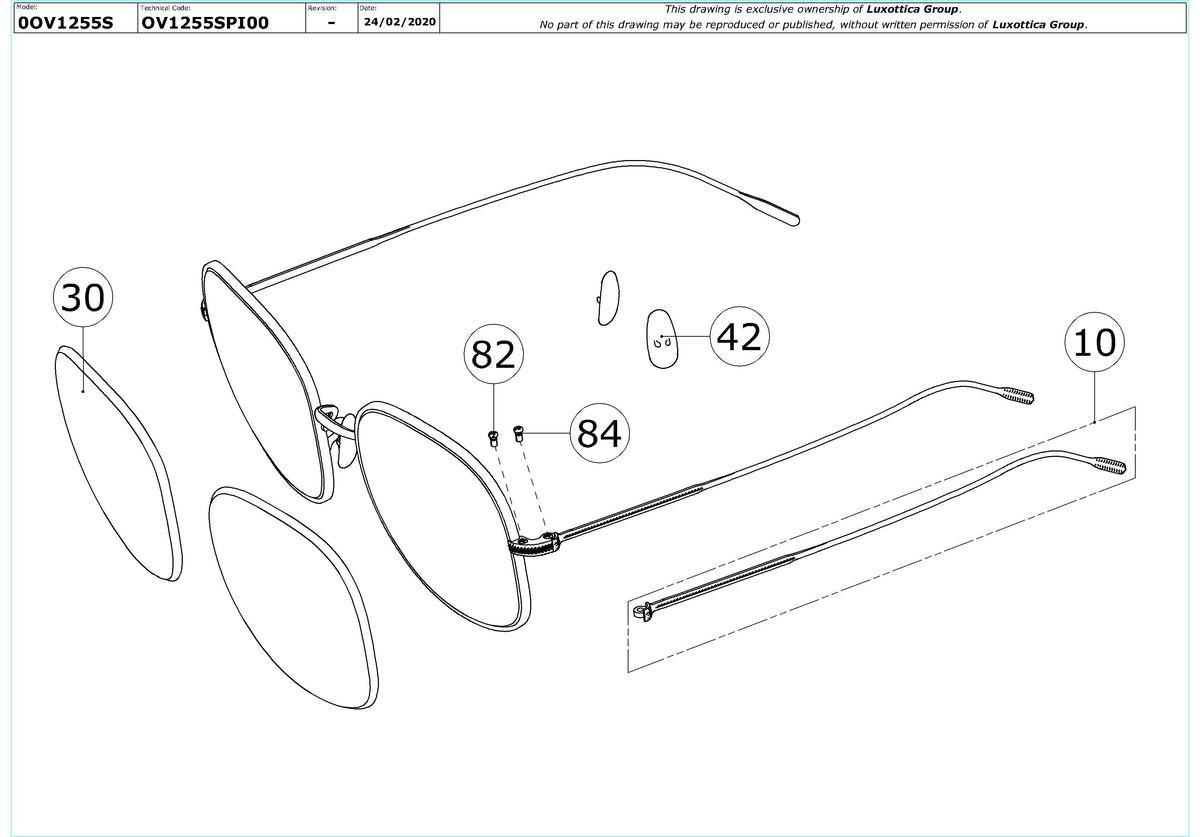 Exploded technical drawing of the Oliver Peoples Mehrie OV1255S Replacement Parts, with each replacement part numbered