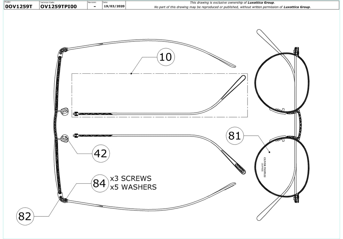 Exploded technical drawing of the Oliver Peoples Lain OV1259T Glasses Replacement Parts, with each replacement part numbered