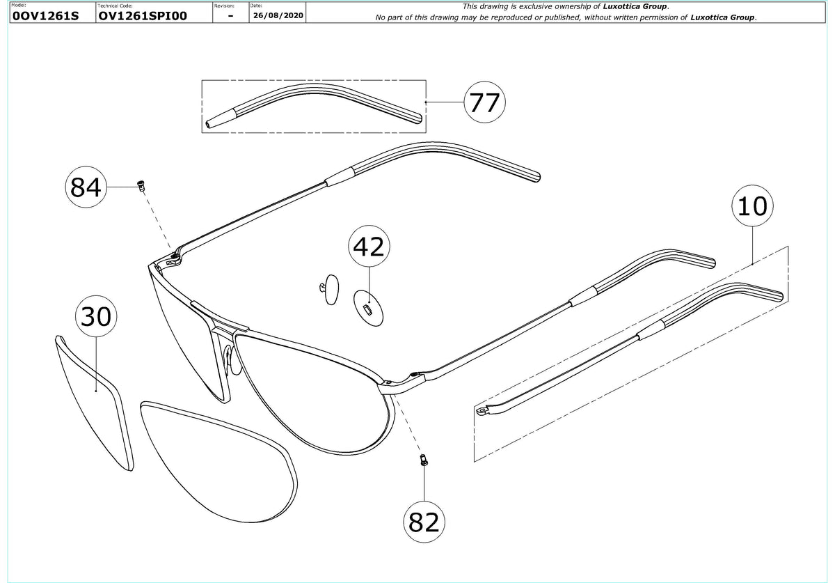 Enlarged technical drawing of the Oliver Peoples Kallen OV1261S Replacement Parts