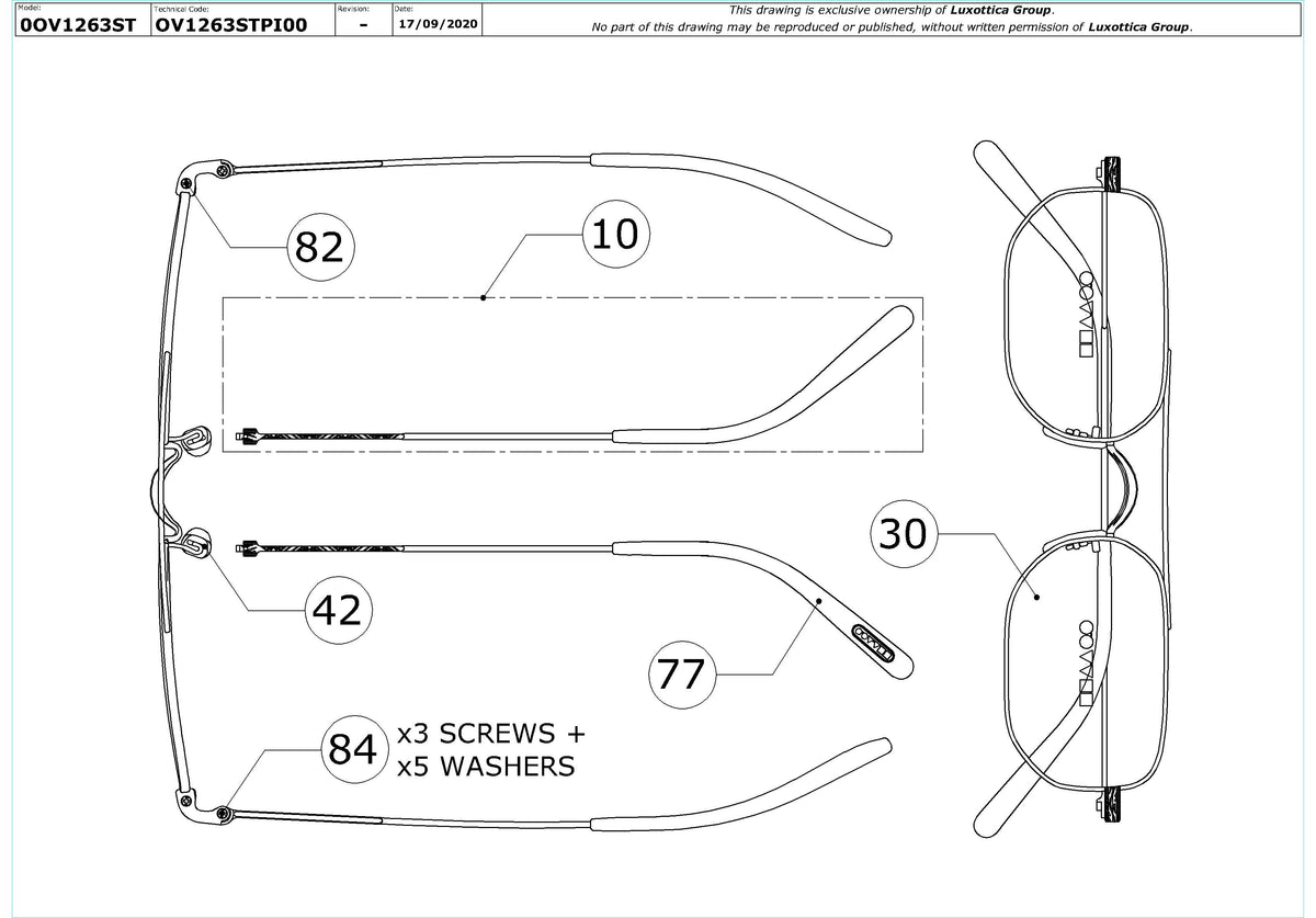 Exploded technical drawing of the Oliver Peoples Indio OV1263ST Replacement Parts, with each replacement part numbered