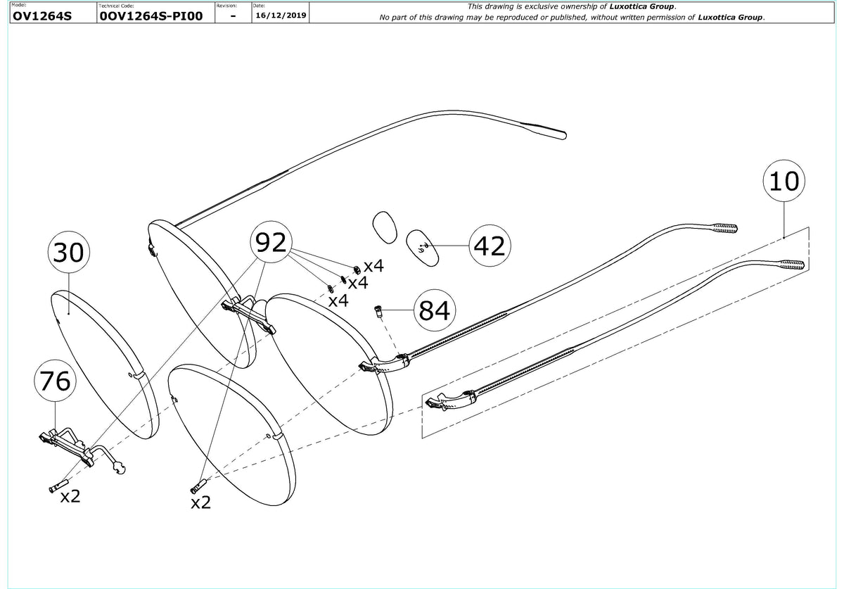 Exploded technical drawing of the Oliver Peoples Coliena OV1264S Replacement Parts, with each replacement part numbered