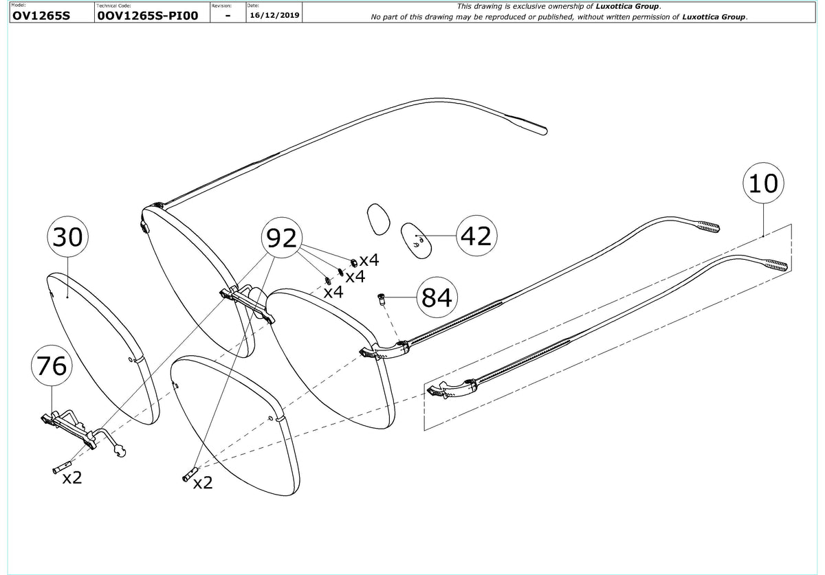 Enlarged technical drawing of the Oliver Peoples Marlien OV1265S Replacement Parts