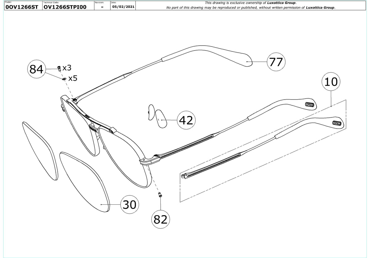 Exploded technical drawing of the Oliver Peoples Rikson OV1266ST Replacement Parts, with each replacement part numbered