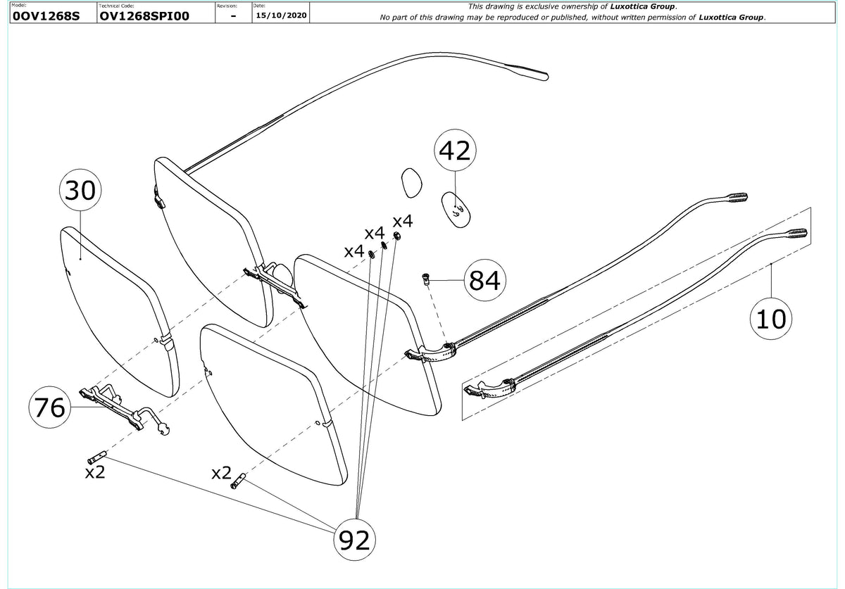 Exploded technical drawing of the Oliver Peoples Oishe OV1268S Replacement Parts, with each replacement part numbered