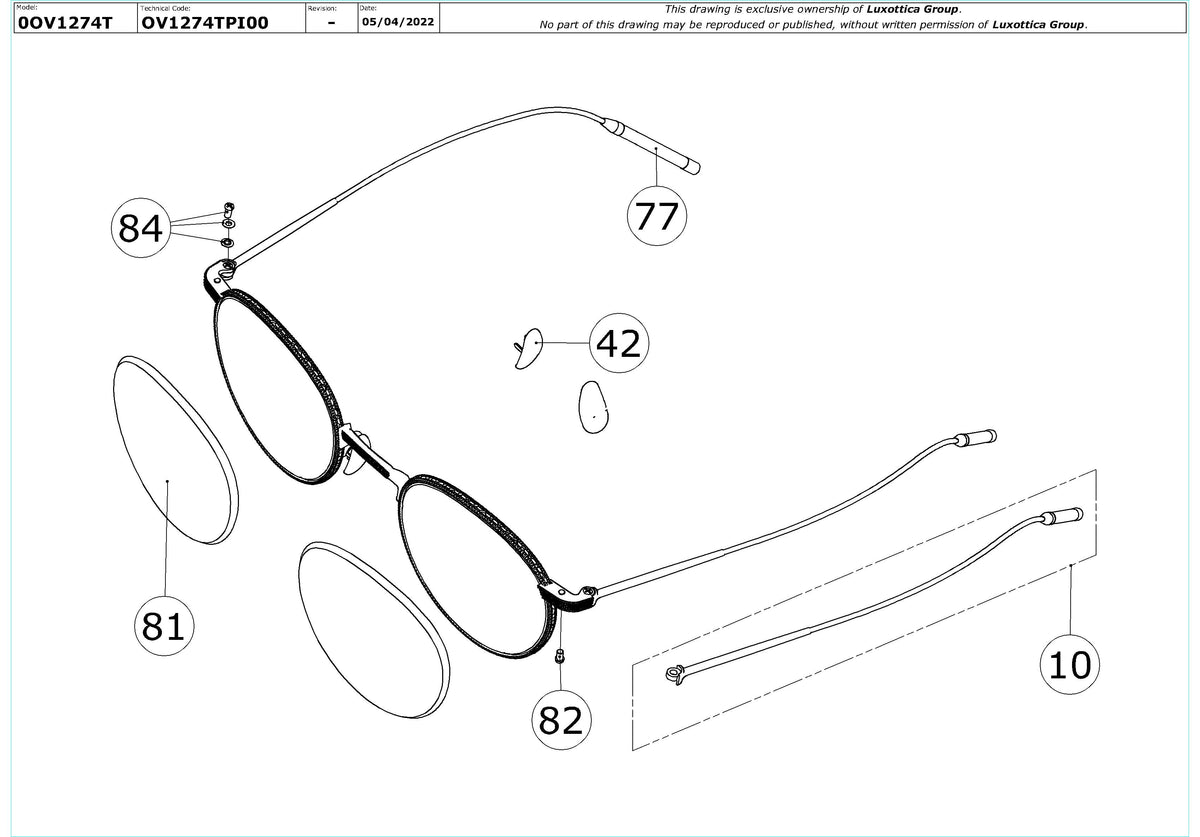Enlarged technical drawing of the Oliver Peoples TK-1 OV1274T Glasses Replacement Parts