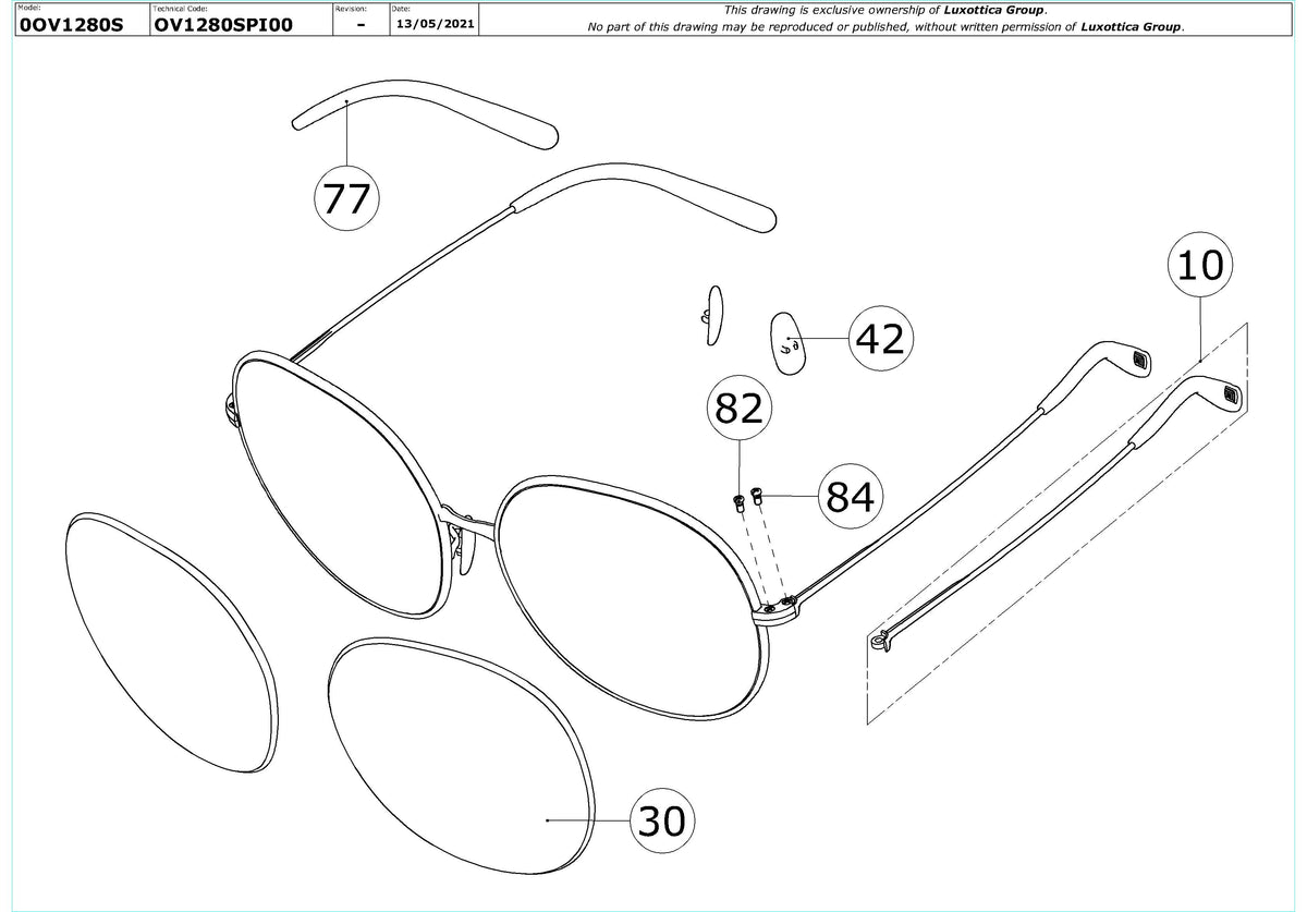 Enlarged technical drawing of the Oliver Peoples Darlen OV1280S Replacement Parts