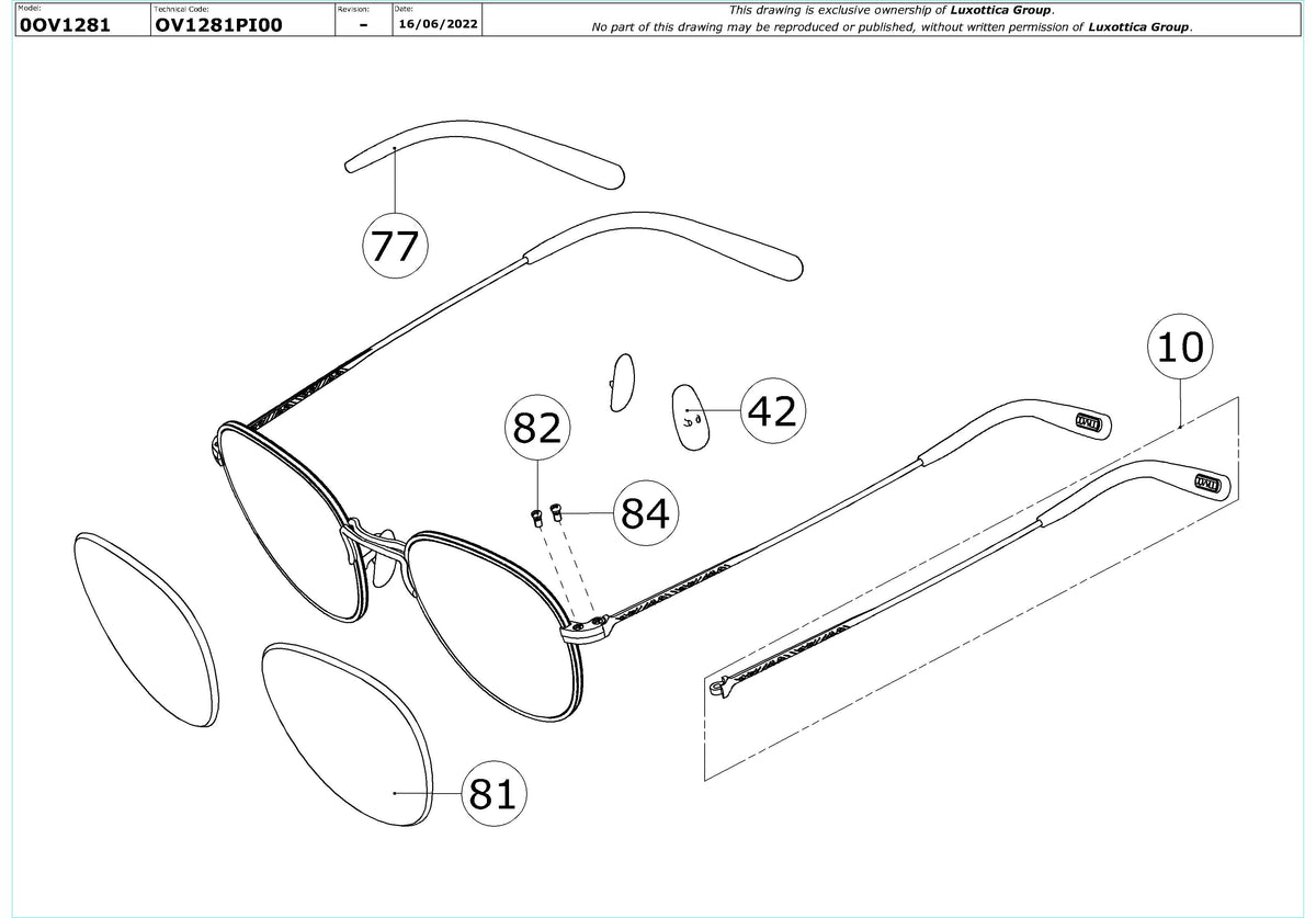 Exploded technical drawing of the Oliver Peoples Piercy OV1281 Glasses Replacement Parts, with each replacement part numbered