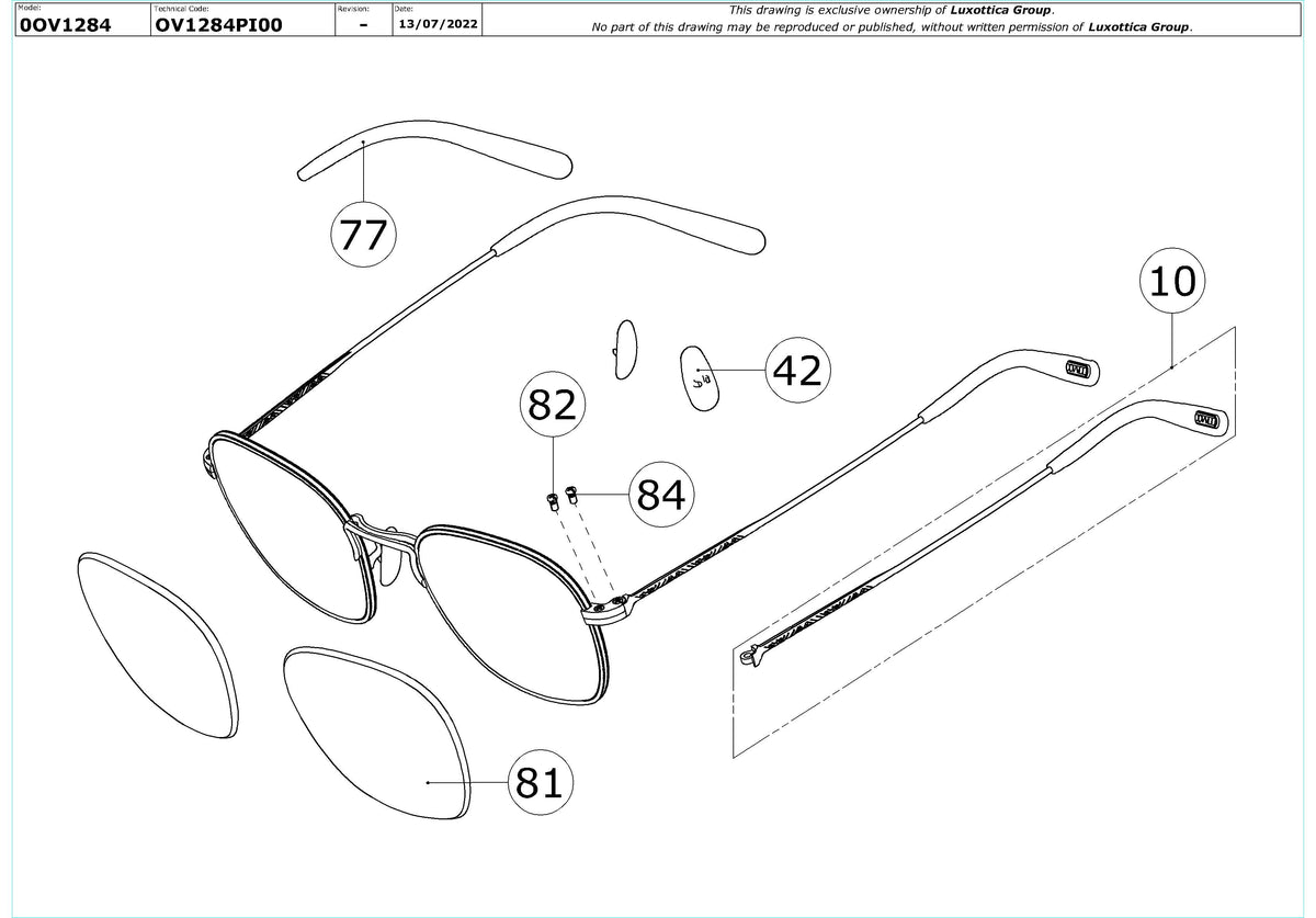 Enlarged technical drawing of the Oliver Peoples Allinger OV1284 Glasses Replacement Parts