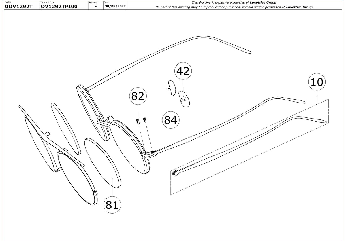 Enlarged technical drawing of the Oliver Peoples G. Ponti-2 OV1292T Glasses Replacement Parts