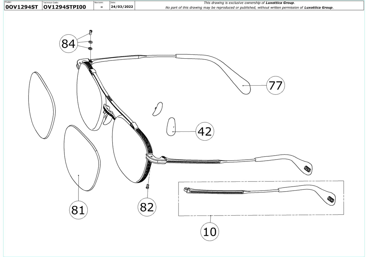Exploded technical drawing of the Oliver Peoples Mandeville OV1294ST Replacement Parts, with each replacement part numbered