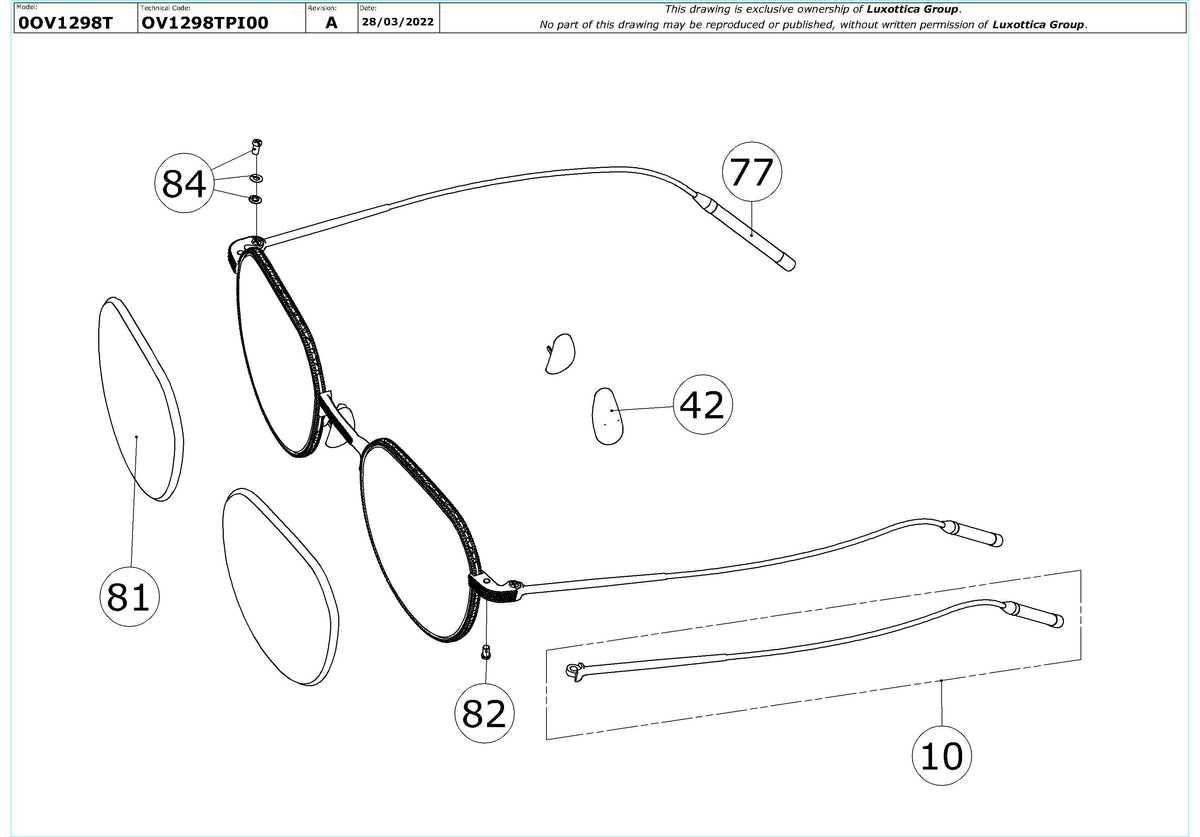 Enlarged technical drawing of the Oliver Peoples TK-4 OV1298T Glasses Replacement Parts