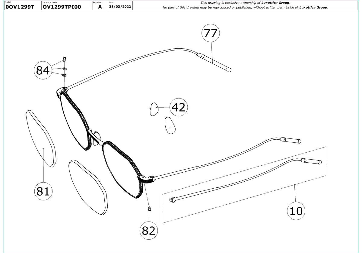 Enlarged technical drawing of the Oliver Peoples TK-5 OV1299T Glasses Replacement Parts