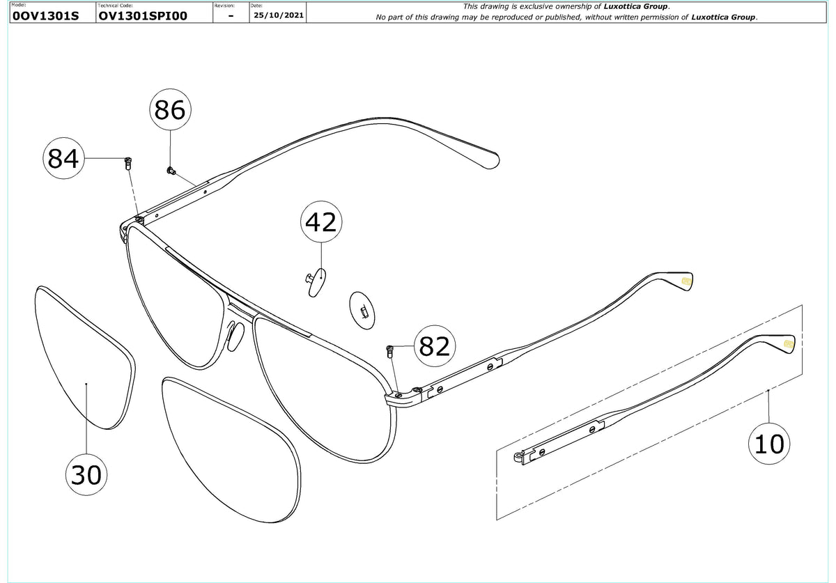 Exploded technical drawing of the Oliver Peoples Disoriano OV1301S Replacement Parts, with each replacement part numbered