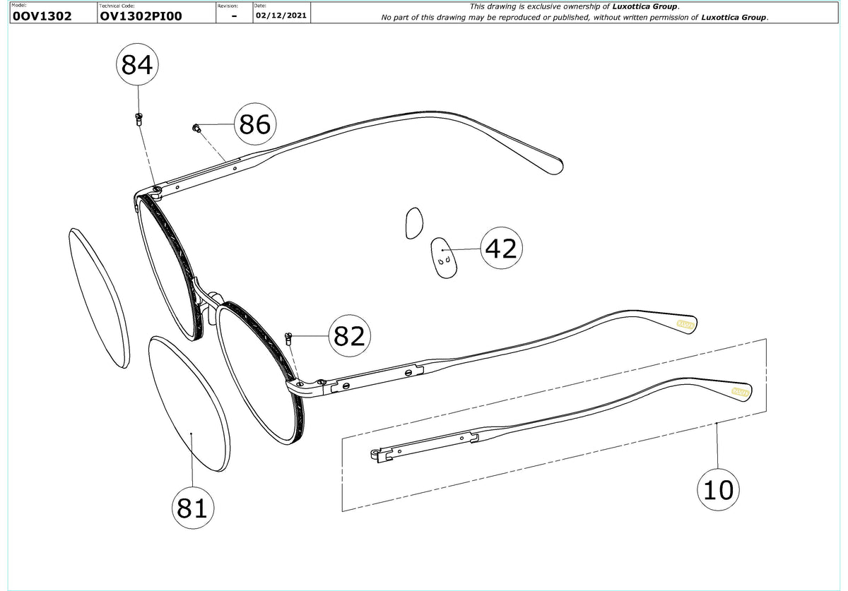 Enlarged technical drawing of the Oliver Peoples Artemio OV1302 Glasses Replacement Parts