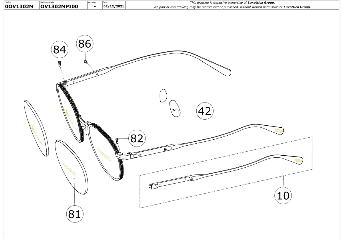 Exploded technical drawing of the Oliver Peoples Artemio-R OV1302M Glasses Replacement Parts, with each replacement part numbered