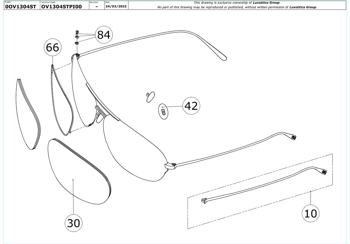 Exploded technical drawing of the Oliver Peoples Kondor OV1304ST Replacement Parts, with each replacement part numbered