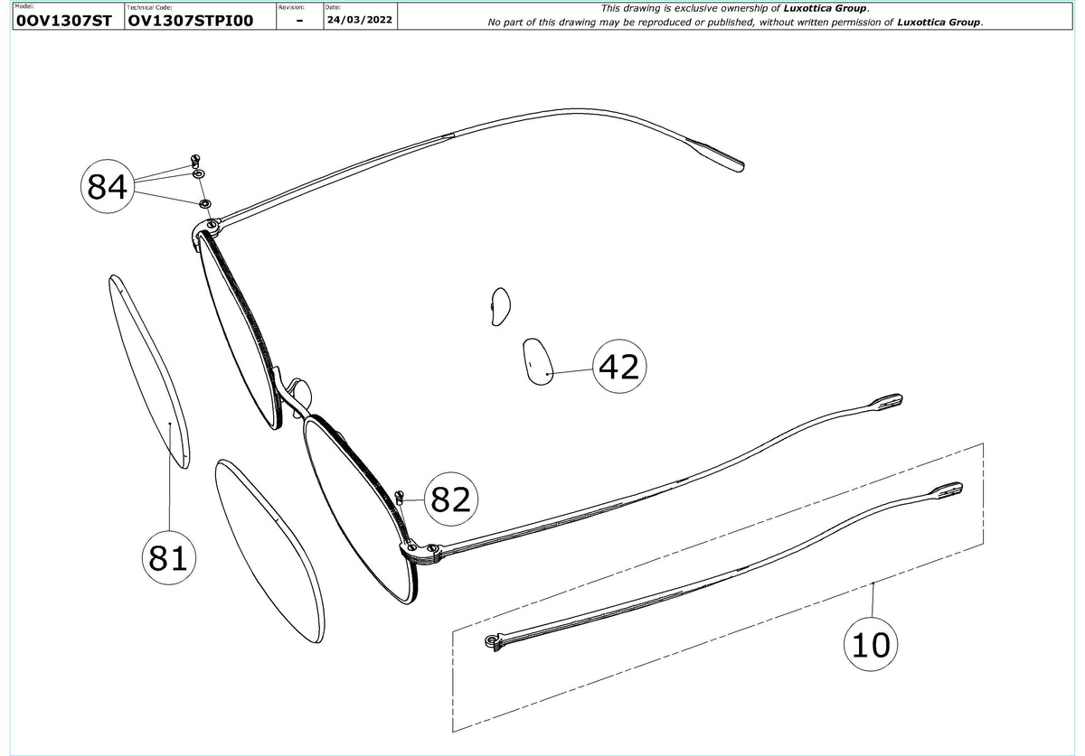 Exploded technical drawing of the Oliver Peoples Ades OV1307ST Replacement Parts, with each replacement part numbered