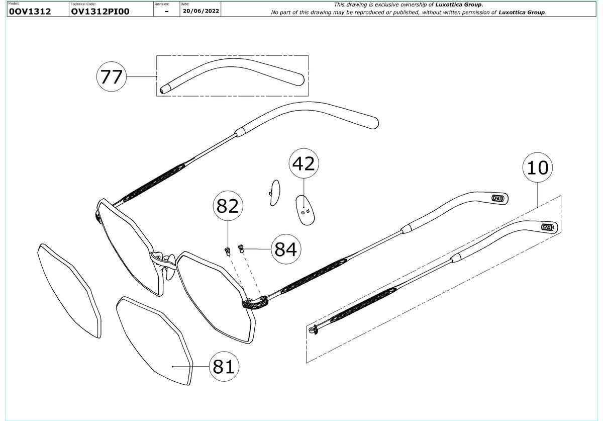 Enlarged technical drawing of the Oliver Peoples Holender OV1312 Glasses Replacement Parts