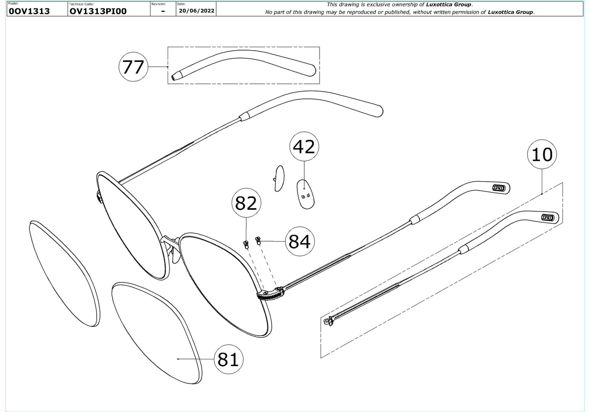Enlarged technical drawing of the Oliver Peoples Eliane OV1313 Glasses Replacement Parts