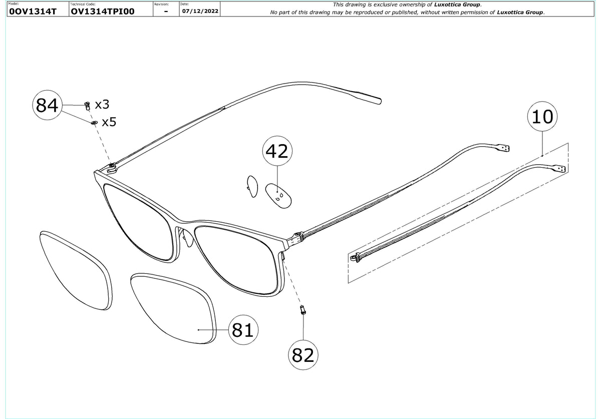 Enlarged technical drawing of the Oliver Peoples Maurette OV1314T Glasses Replacement Parts