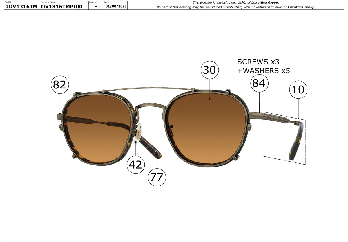 Enlarged technical drawing of the Oliver Peoples Lilletto OV1316TM Glasses Replacement Parts
