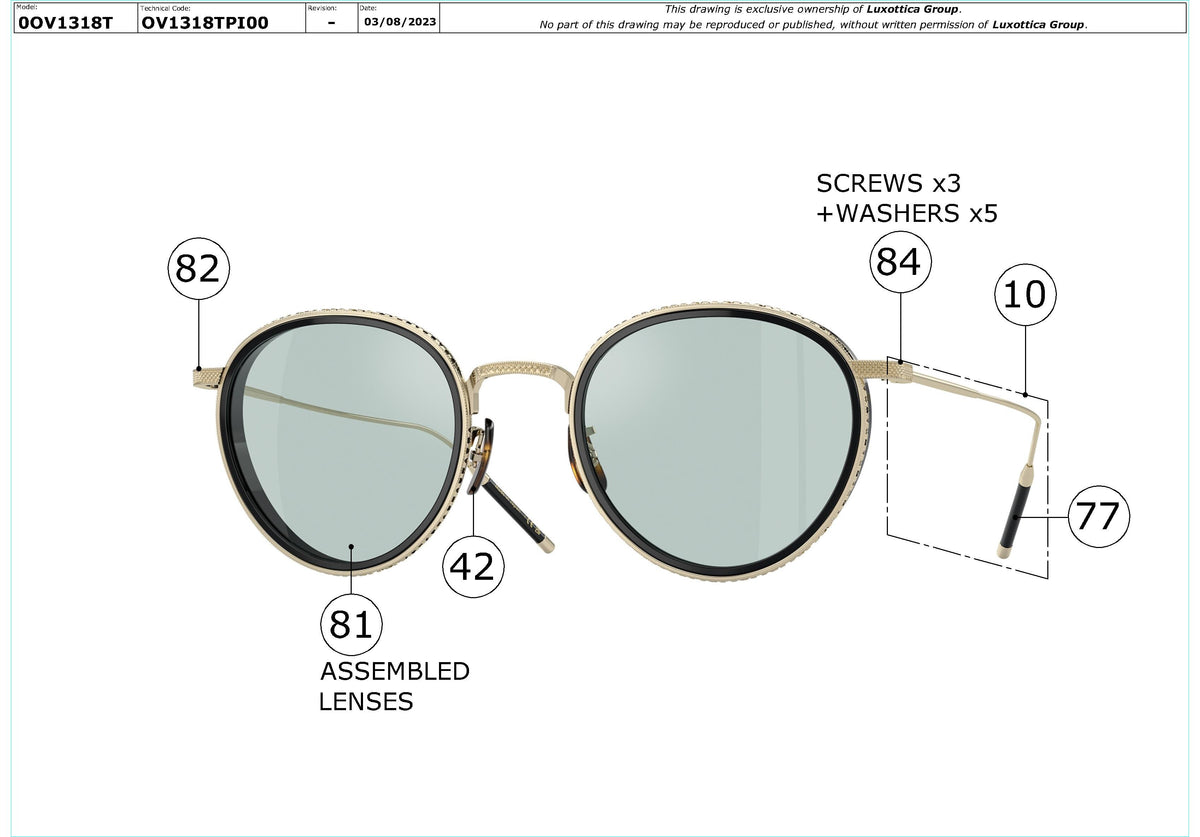 Exploded technical drawing of the Oliver Peoples TK-8 OV1318T Glasses Replacement Parts, with each replacement part numbered