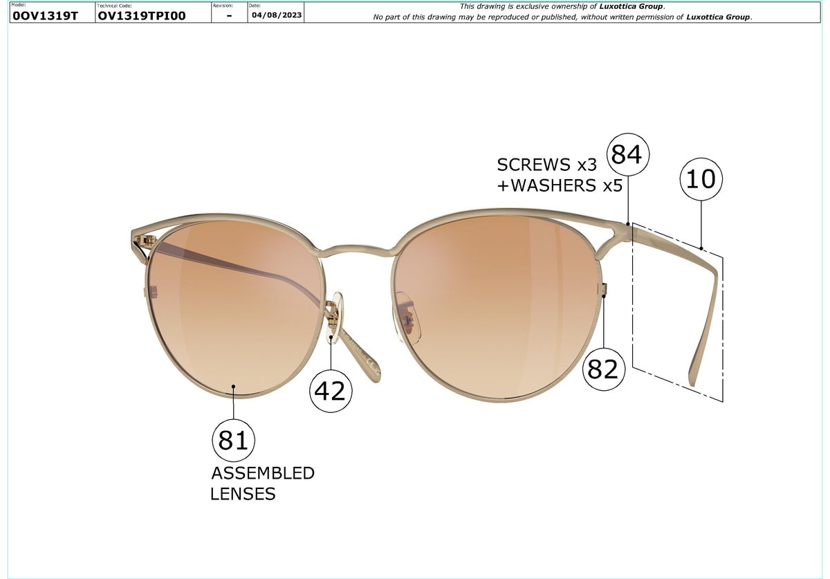 Enlarged technical drawing of the Oliver Peoples Aviara OV1319T Glasses Replacement Parts