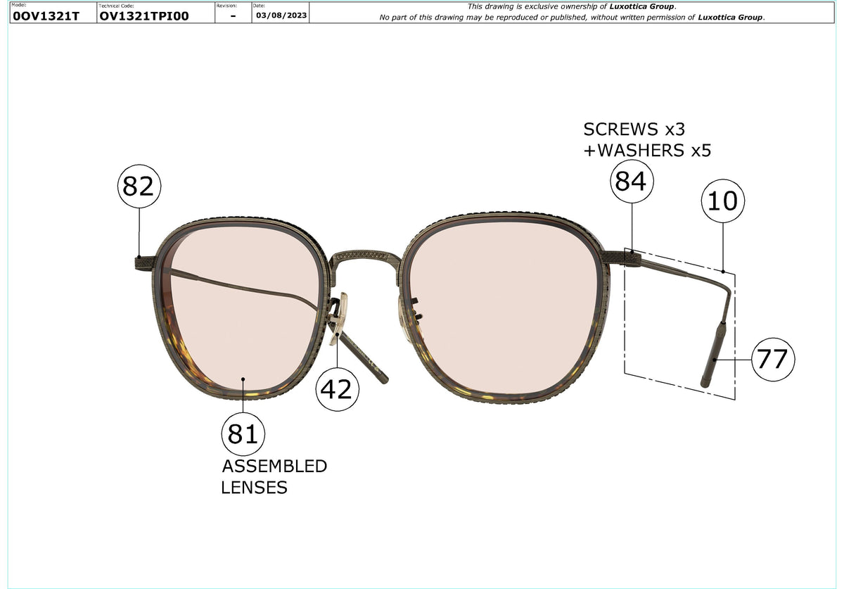 Exploded technical drawing of the Oliver Peoples TK-9 OV1321T Glasses Replacement Parts, with each replacement part numbered