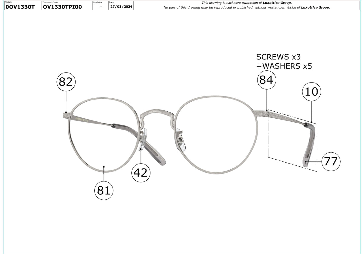 Enlarged technical drawing of the Oliver Peoples OP-47 OV1330T Glasses Replacement Parts