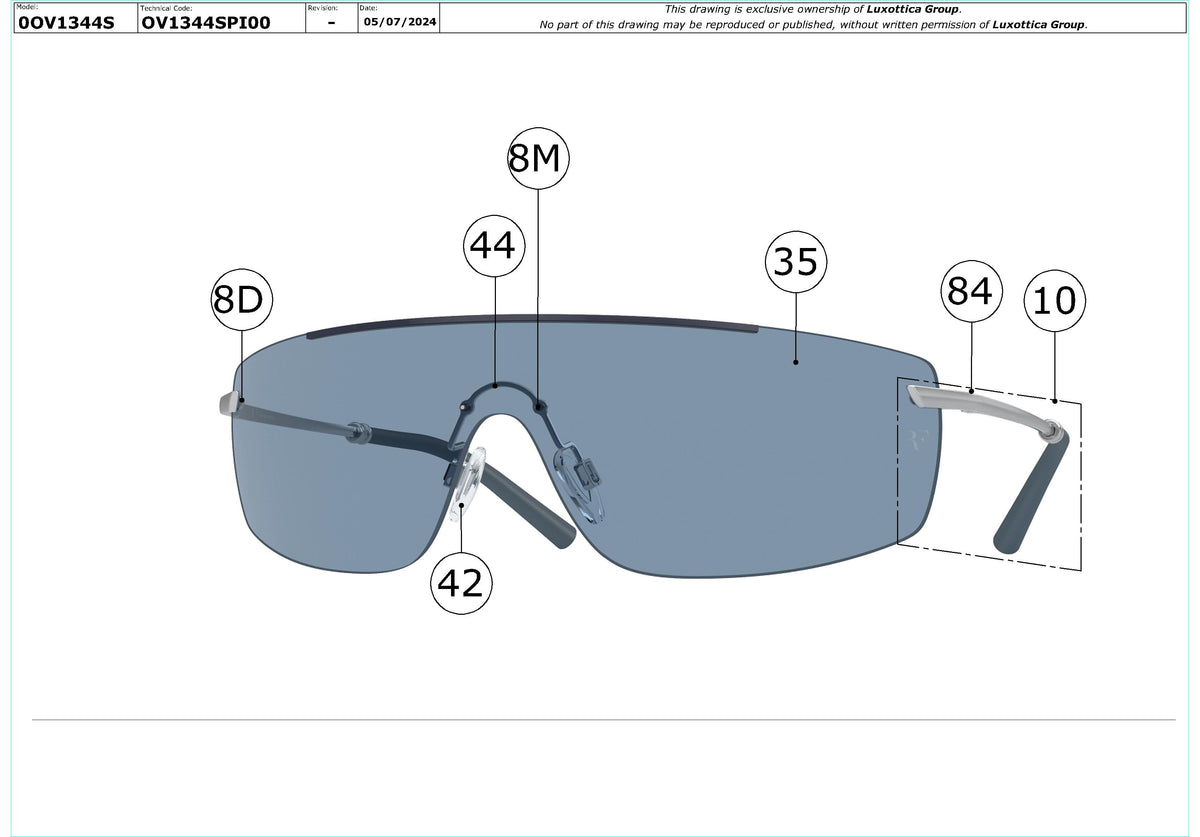 Exploded technical drawing of the Oliver Peoples R-5 OV1344S Replacement Parts, with each replacement part numbered
